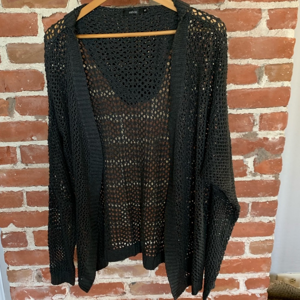 Millau grey open weave sweater w hood M crochet LF